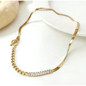NWT 18K Gold Plated CZ Links Herringbone Chain Necklace Toggle Clasp